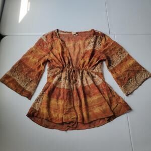 Gemini Blouse Womens Medium Orange V Neck Bell Fairy GrungeSleeve Tunic Top